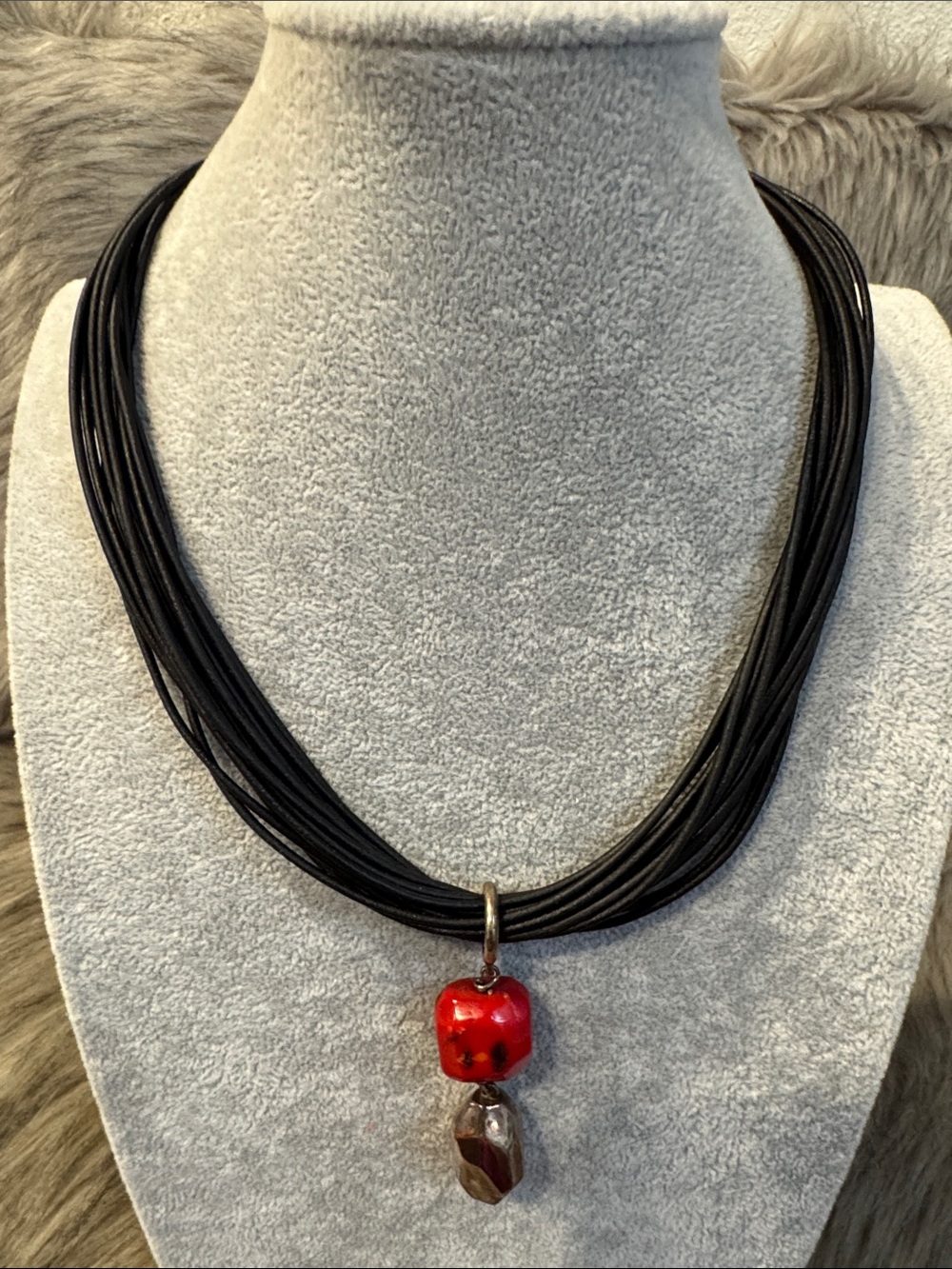 Multi-Strand Black Cord Necklace with Red & Silver Pendant